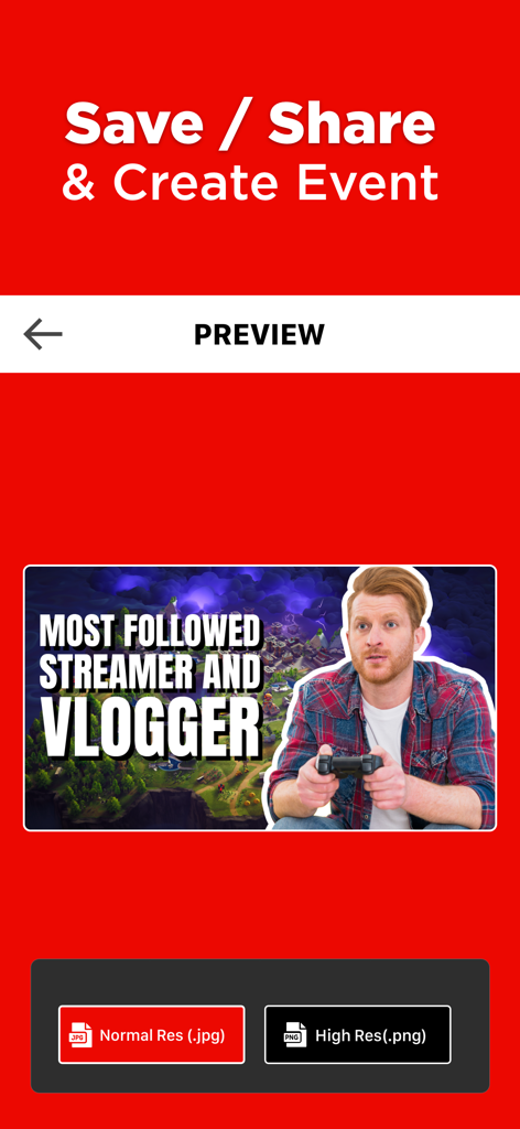 Preview screen of the Thumbnail Maker app showing a gaming thumbnail and export options for JPG and PNG formats