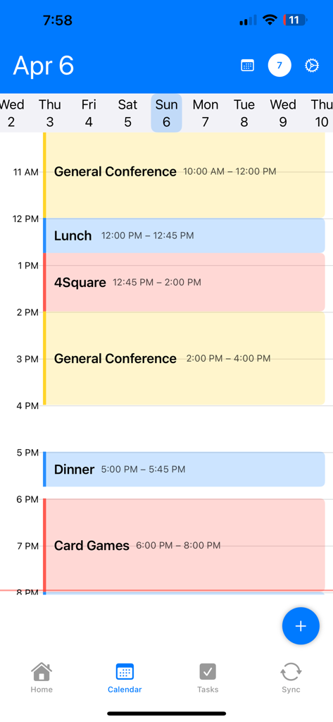 RM Daily Planner - RM Daily Planner calendar view showing a Sunday schedule with General Conference sessions and social activities