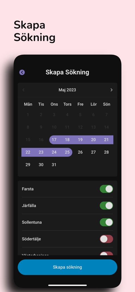 Boka Förarprov - Boka Forarprov app screen for setting up a driving test search with calendar and location options