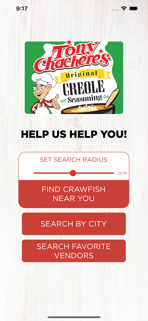Main search menu of The Crawfish App featuring buttons to find crawfish near you and search by city