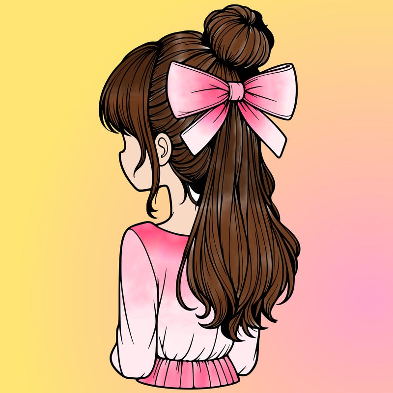realistic girl  with hip length hair a bun and a big bow on the back of head