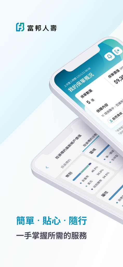 Fubon Life Insurance mobile app screens showing policy overview and investment target analysis