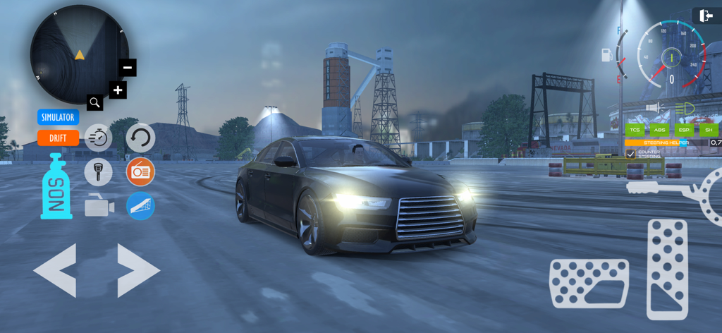 Tofas Sahin Drift Car Driving - Captura de pantalla del juego de un coche negro en un simulador de conducción con controles en pantalla y un botón de modo derrape