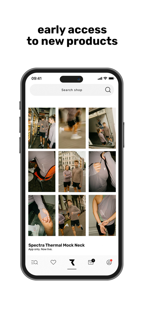 Ryzon - Ryzon mobile app screen displaying early access to new performance athletic wear