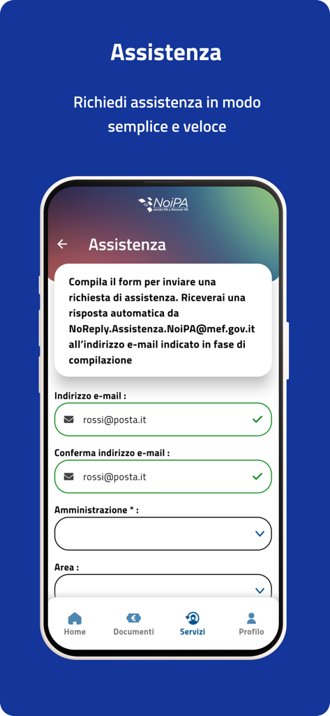 NoiPA - MEF - サポートリクエストフォームが表示されたNoiPA MEFアプリのアシスタンス画面。