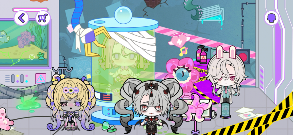 Personagens chibi em uma sala temática de laboratório de ciências em BUD Town