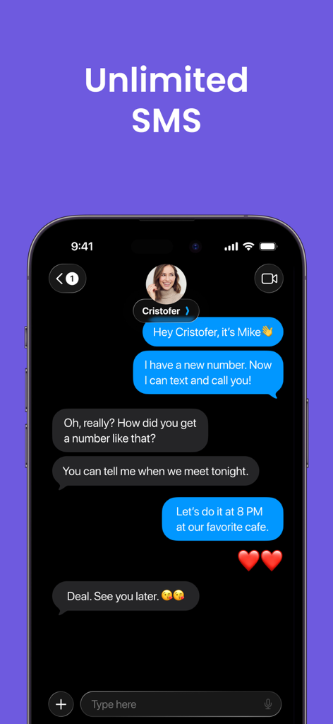 Second Phone Number: 2nd eSIM - セカンド電話番号アプリでの無制限SMSテキスト会話を示すスマートフォンスクリーン