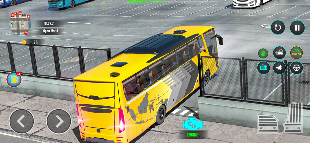City Bus Simulator Road Trip - A gameplay view of a yellow coach bus in a parking lot with mobile simulation controls.