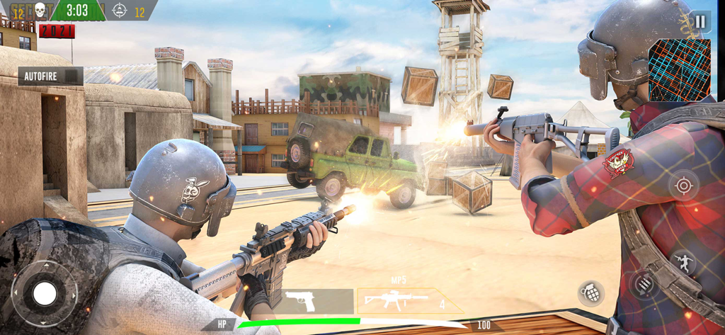 FPS Battle Royale: Gun Games - Two soldiers firing rifles at a vehicle in a desert battleground scene from FPS Battle Royale