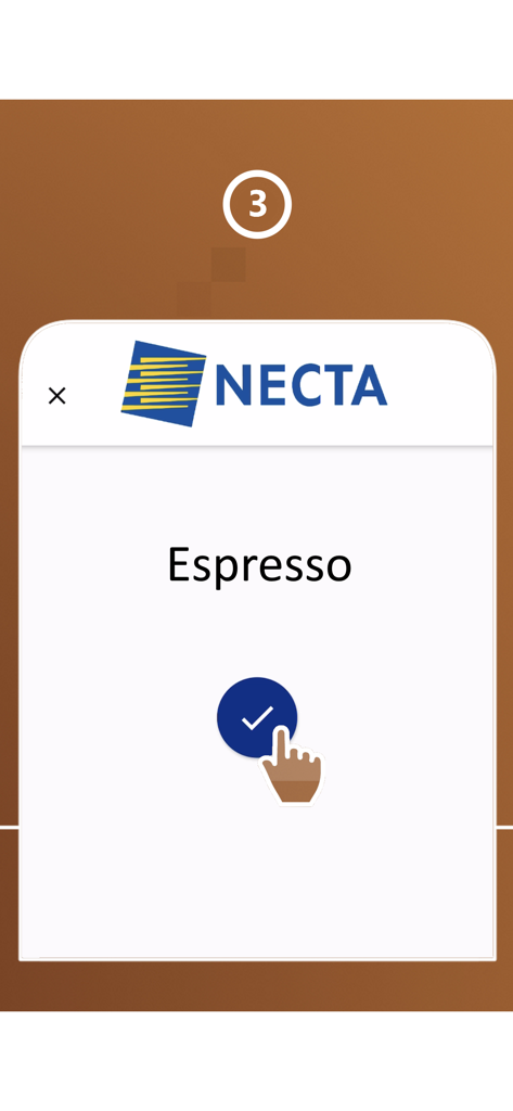 Coffee APPeal - A mobile interface from the Coffee APPeal app showing the third step to confirm an espresso drink selection for a Necta coffee machine