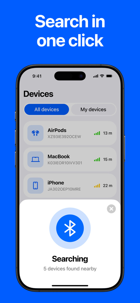 A smartphone screen displaying the Bluetooth Finder app searching for nearby devices like AirPods and MacBook.