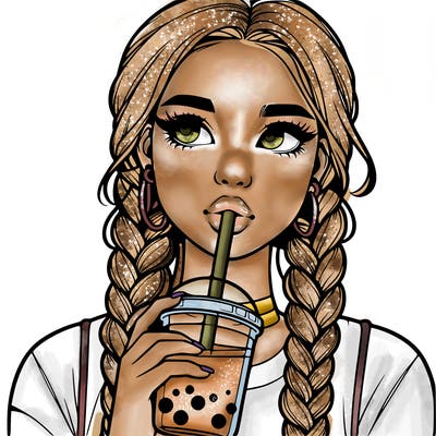 realistic girl with braided hair drinking boba