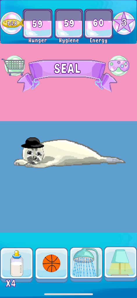 Virtual Seal Pet - Gameplay screen of Virtual Seal Pet showing a white seal with a black hat and status bars for hunger hygiene and energy