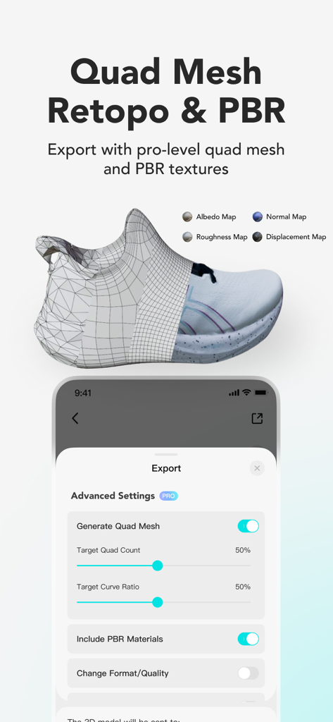 Interface of KIRI Engine showing professional quad mesh retopology and PBR texture export settings for a 3D shoe model.