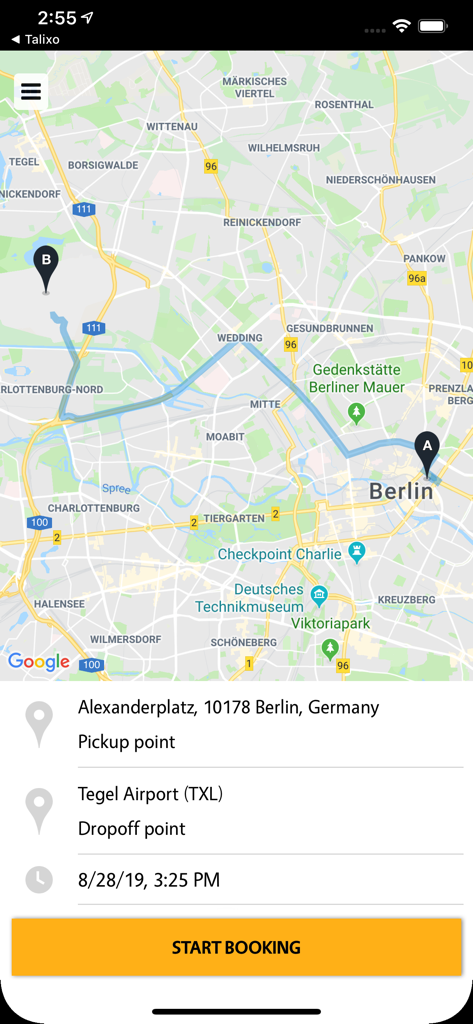 TALIXO - Taxi & Limo Booking - Talixo app interface showing a planned ride from Alexanderplatz to Tegel Airport in Berlin on a map with a start booking button