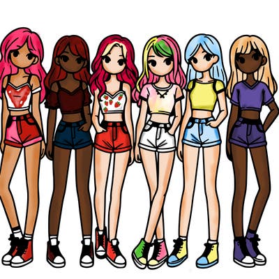 a group of girls wearing crop tops and shorts
