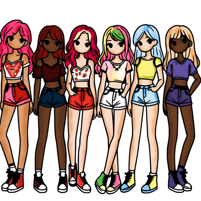 a group of girls wearing crop tops and shorts