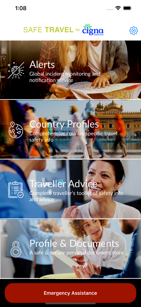 Dashboard of the Safe Travel by Cigna app featuring menu options for alerts, country profiles, traveler advice, and secure document storage.