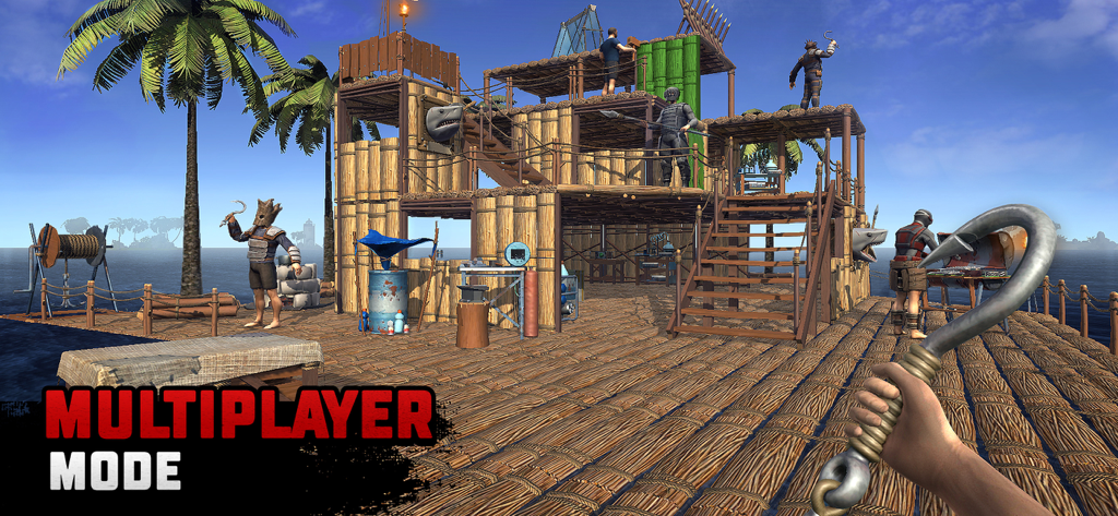 Mehrere Spieler arbeiten zusammen, um ein großes, mehrstöckiges Holzfloß im Ozean zu bauen und zu verwalten