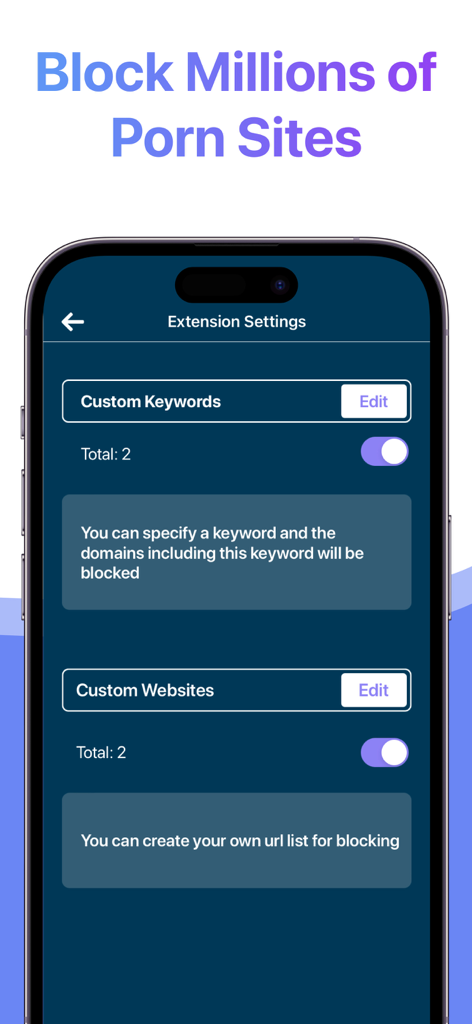 Porn Blocker Plus - for Safari - Tela de configurações do Porn Blocker Plus para Safari mostrando opções de bloqueio de palavras-chave e sites personalizados em um iPhone