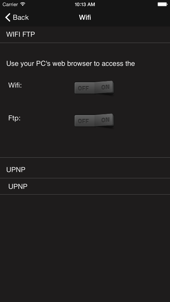 RushPlayer 무선 파일 전송 및 FTP 설정 메뉴