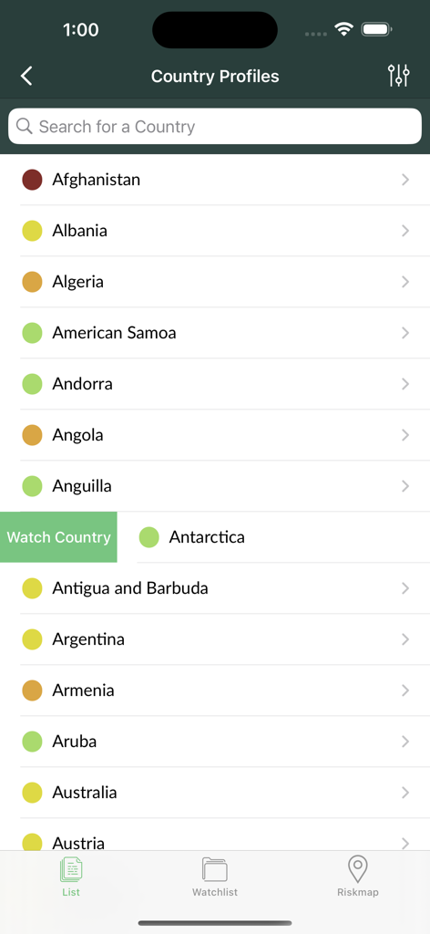 Travel Oracle - List of country profiles with color coded risk levels in the Travel Oracle app