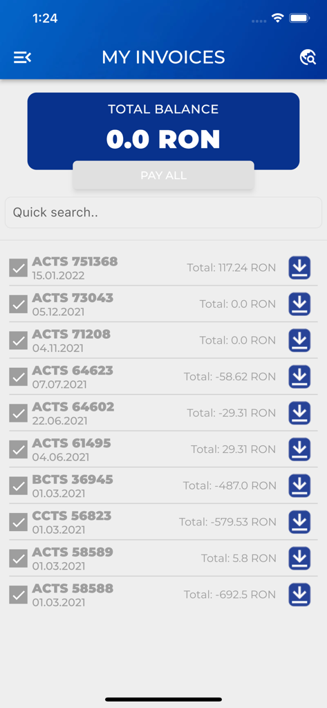 CargoTrack mobile app interface showing a list of business invoices and total balance for fleet management.