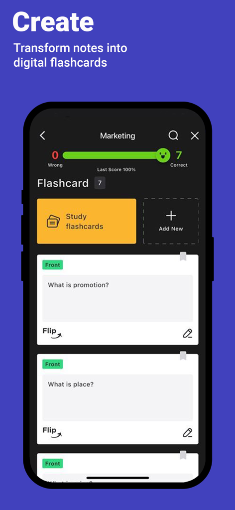 Spirax Study App - Interface of the Spirax Study App displaying digital flashcards for a Marketing subject on a smartphone