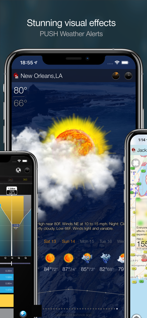뉴올리언스의 상세 예보를 포함한 다양한 날씨 화면을 보여주는 iPhone 그룹과 멋진 시각 효과 및 푸시 알림