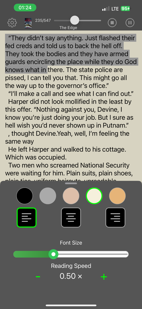 eBookReader: FB2 & EPUB Reader - Interfaz de lector de ebooks móvil con controles de tamaño de texto y velocidad de lectura