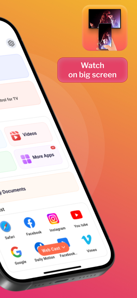 Projector: All TV Remote App - Pantalla de la aplicación móvil que muestra opciones de transmisión web para aplicaciones de redes sociales y una indicación de ver en pantalla grande