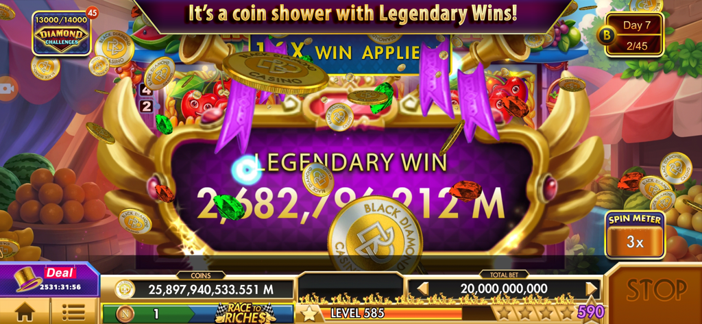 Black Diamond Casino Slots - Legendary Win screen in Black Diamond Casino Slots featuring a massive coin shower and gems