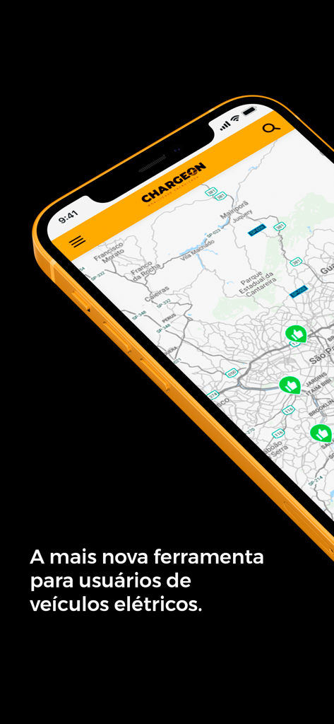 ChargeOn - Smartphone displaying the ChargeOn app map with electric vehicle charging station locations