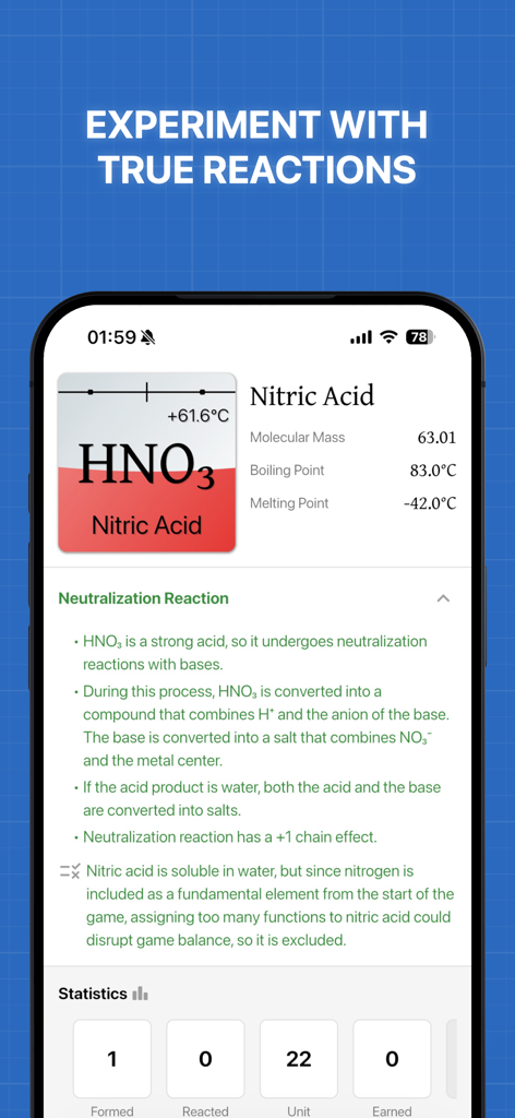 Alcyone - A mobile interface displaying chemical properties and reaction data for Nitric Acid within the Alcyone educational app.