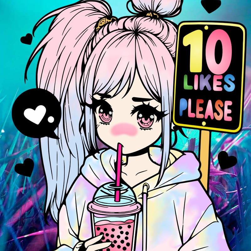 girl with a high ponytail and a hoodie drinking boba staring at a sign saying 10 likes please
