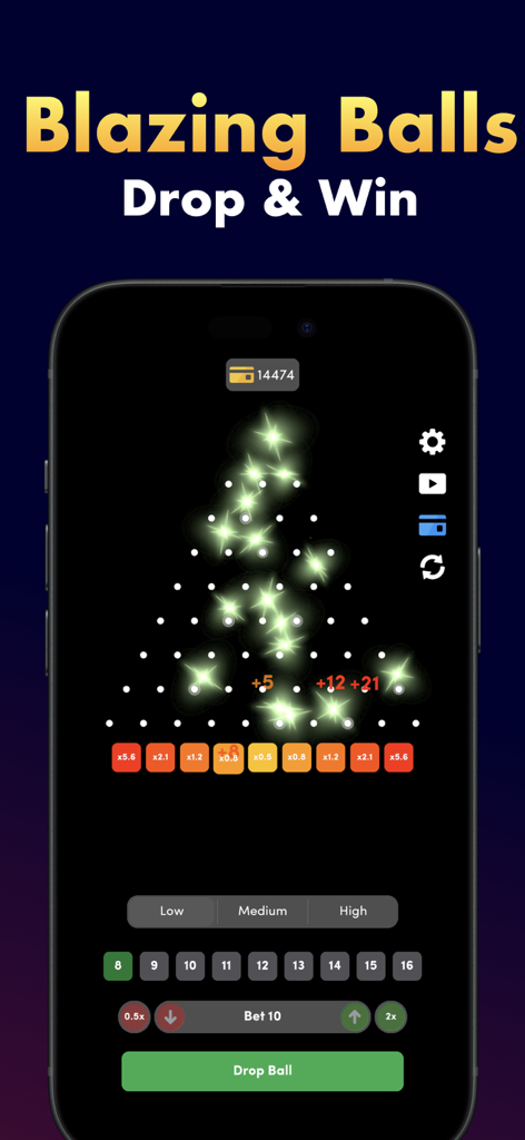 Interfaz del juego móvil Plinko Pyramid Drop que muestra bolas de fuego brillantes cayendo a través de una pirámide de pines en cubos de premios
