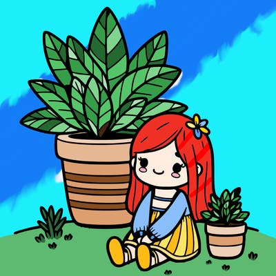 small girl sitting under a big plant in a pot