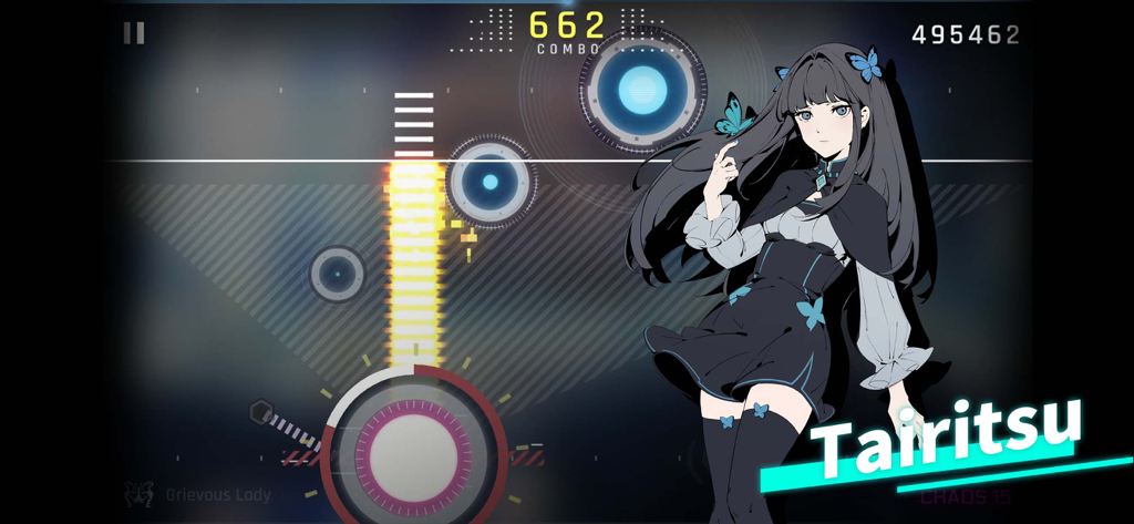 A screenshot of Cytus II gameplay featuring the character Tairitsu and rhythmic note patterns.