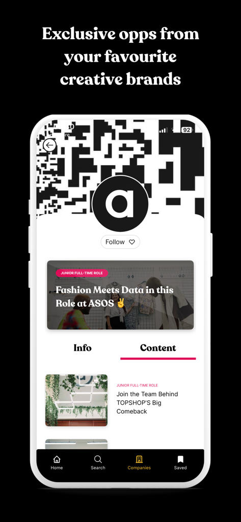 ERIC: Creative Career App - Mobile screen of ERIC app showing junior creative job listings from fashion brands like ASOS