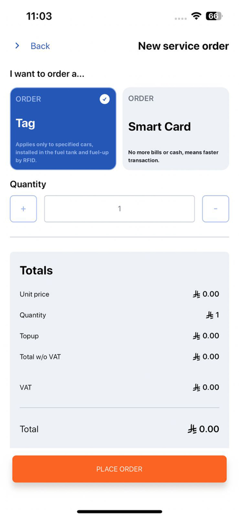 Aldrees app interface for placing a new service order for fuel tags and smart cards