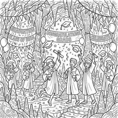 Embark on an extraordinary coloring adventure with our Graduation in a Cave scene, perfect for celebrating academic milestones in a truly unique setting. This whimsical design blends the thrill of graduation with the mystery of a subterranean world, offering endless creative possibilities.