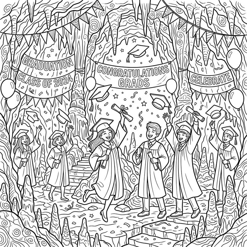 Embark on an extraordinary coloring adventure with our Graduation in a Cave scene, perfect for celebrating academic milestones in a truly unique setting. This whimsical design blends the thrill of graduation with the mystery of a subterranean world, offering endless creative possibilities.