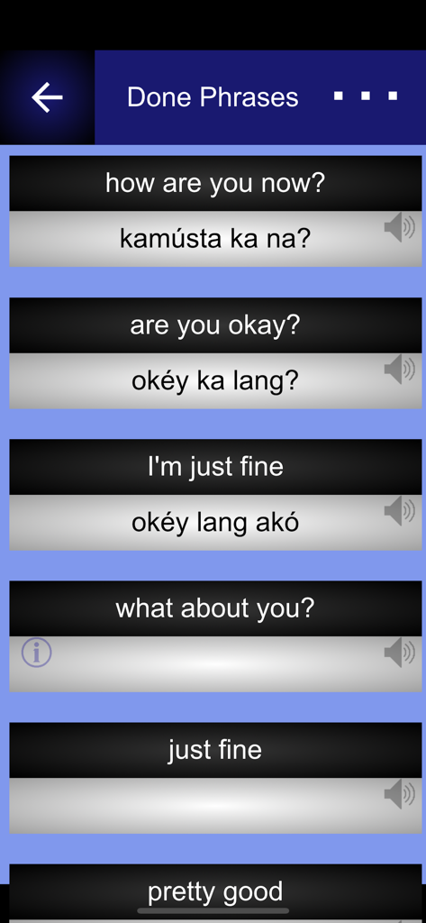 Speakin Ilonggo app interface displaying common conversational phrases translated from English to Hiligaynon