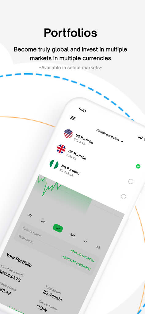 Trove - Investing, simplified - Trove app screen displaying global portfolios for US UK and Nigeria markets