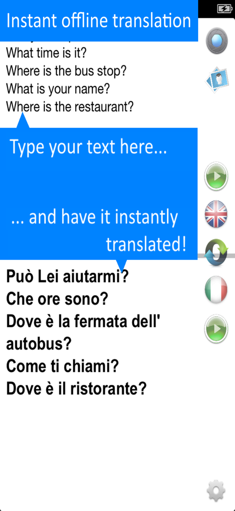 Translate Offline: Italian Pro - The user interface of Translate Offline Italian Pro showing English phrases and their Italian translations.