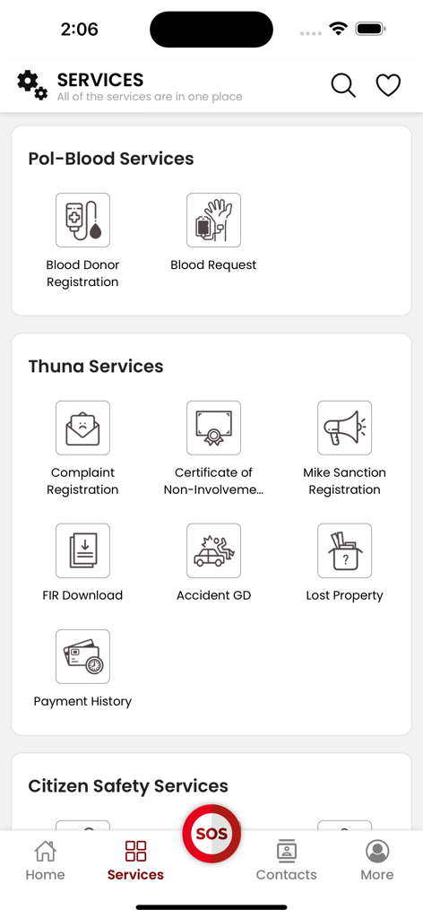 Digital services menu of the Kerala Police Pol-App including options for complaint registration FIR download and blood donor services