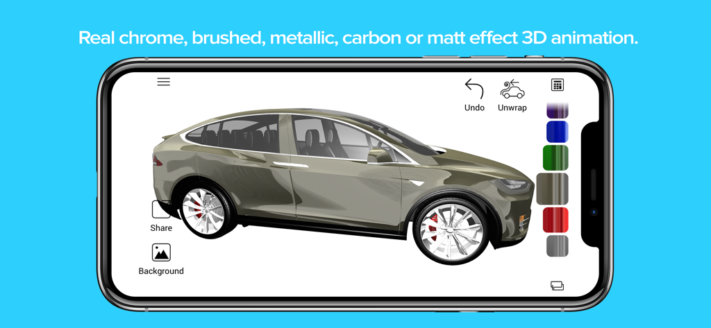 Car Wrapper 3D - Smartphone screen showing Car Wrapper 3D app customizing a Tesla Model X with metallic finish options