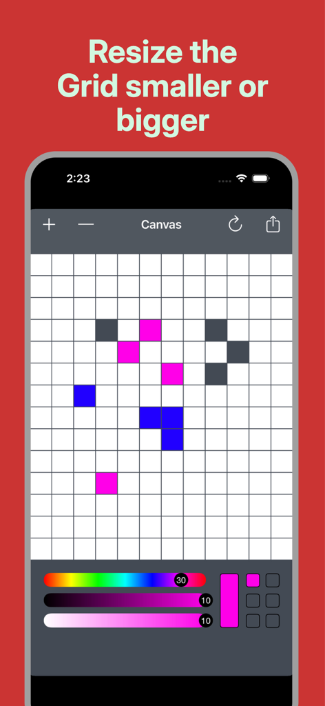 Pixel Draw app screenshot showing the resizable grid for creating pixel art on a mobile phone