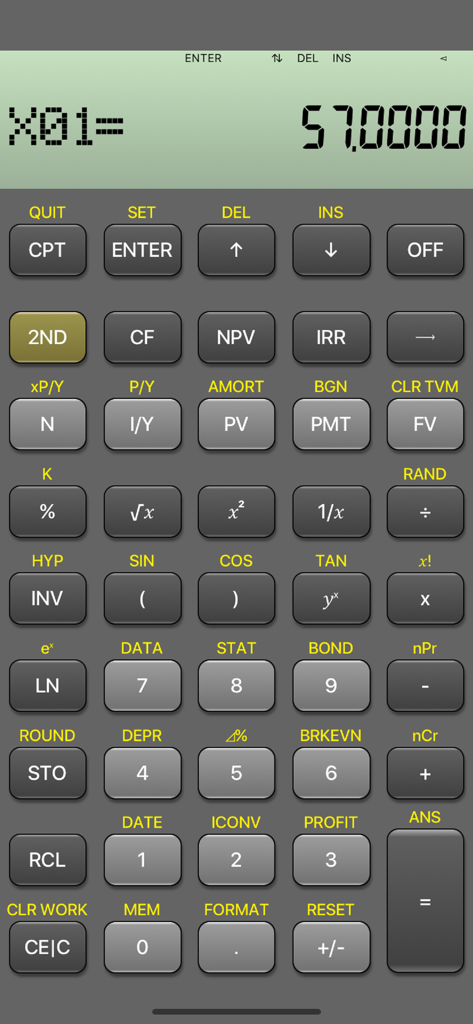 BA Financial Calculator - Interface of the BA Financial Calculator app emulating a TI BAII Plus device with finance function buttons