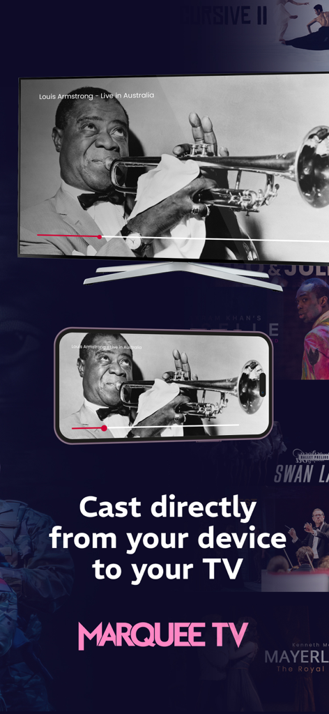 Casting a Louis Armstrong performance from a mobile device to a TV using the Marquee TV app